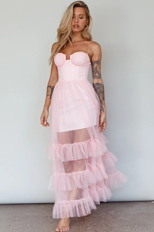 Moonlight Sonata Ruffle Mesh Maxi Dress Cameo Pink