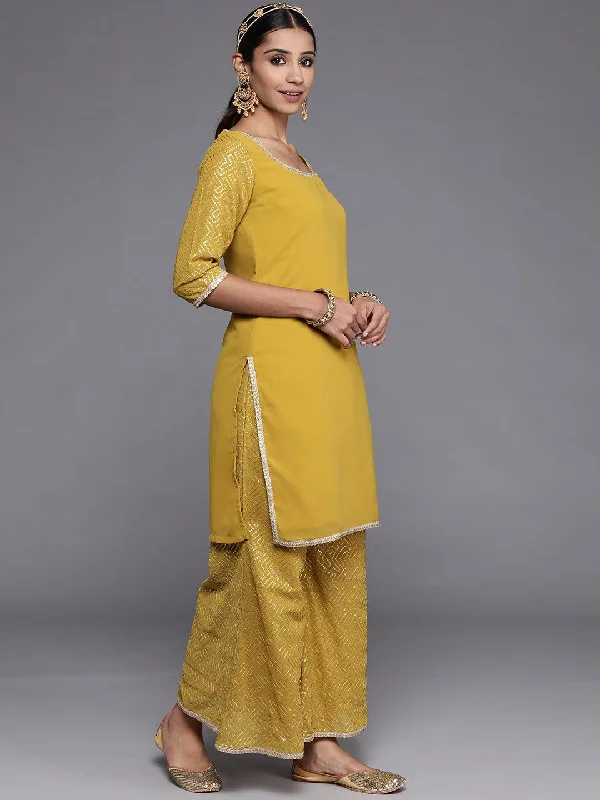 Mustard Solid Georgette Straight Kurta With Palazzos & Dupatta