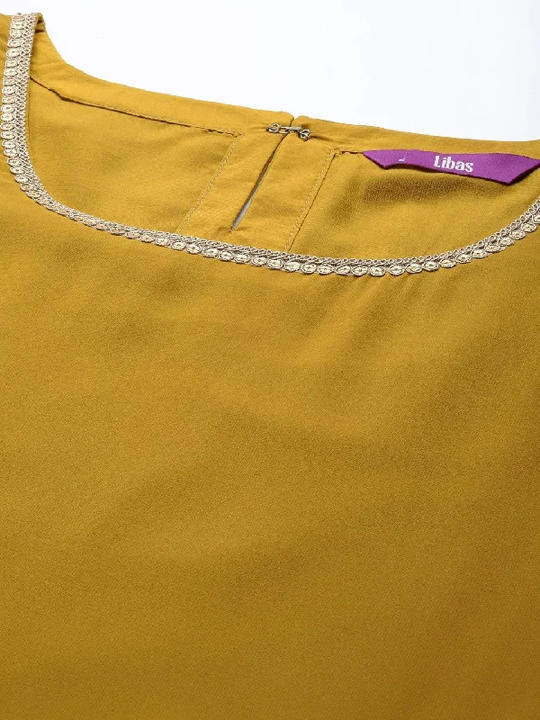 Mustard Solid Georgette Straight Kurta With Palazzos & Dupatta