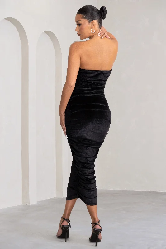 My Lady | Black Velvet Strapless Bodycon Ruched Mesh Maxi Dress