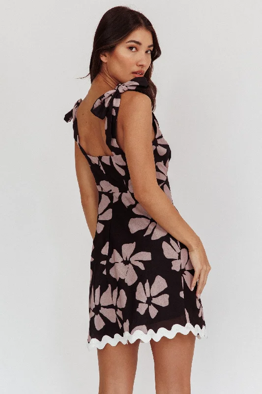 Mykonos Morning Tied Shoulder Mini Dress Floral Black