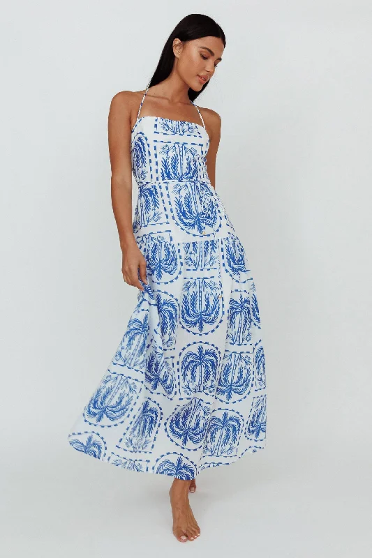 Natasia Halterneck Maxi Dress Palm Print Blue