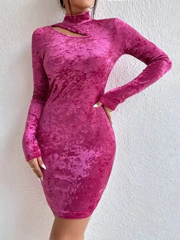 Semi-high collar style hollow out hip-hugging long-sleeved sexy velvet dress