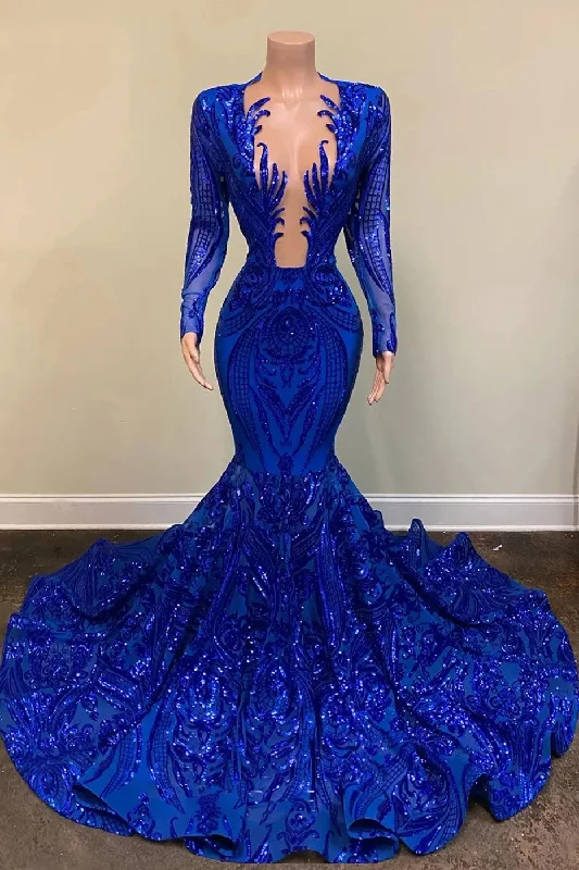 Ocstrade Sparkly Sequin Mermaid Black Girl Royal Blue Prom Dresses Long Sleeve Sheer Plunging Neck Evening Ball Gown Prom Dress