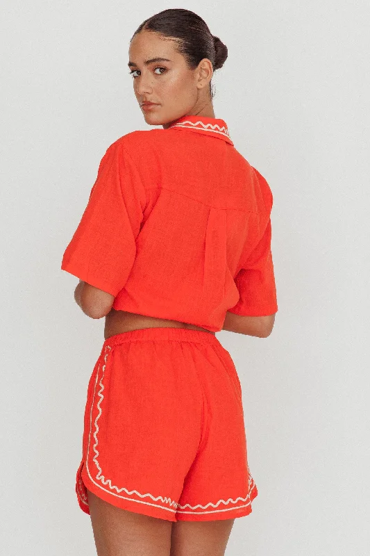 On Vacay Elastic Waist Embroidered Shorts Orange