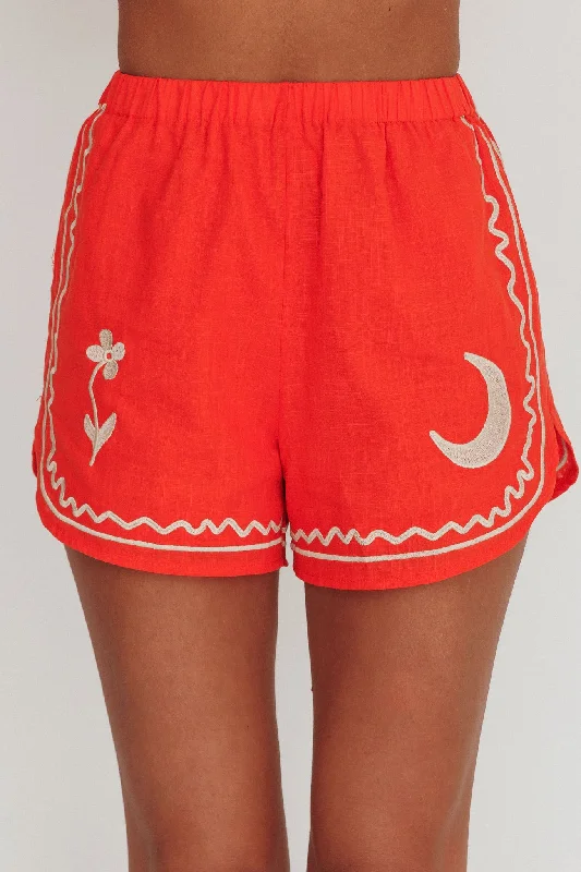 On Vacay Elastic Waist Embroidered Shorts Orange