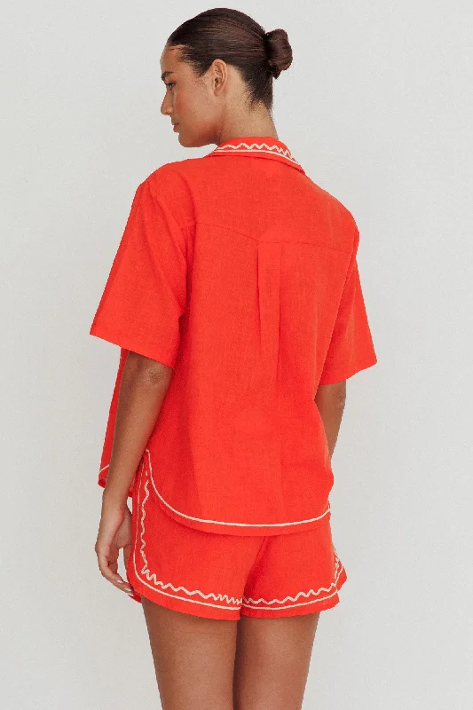 On Vacay Embroidered Button-Up Shirt Orange