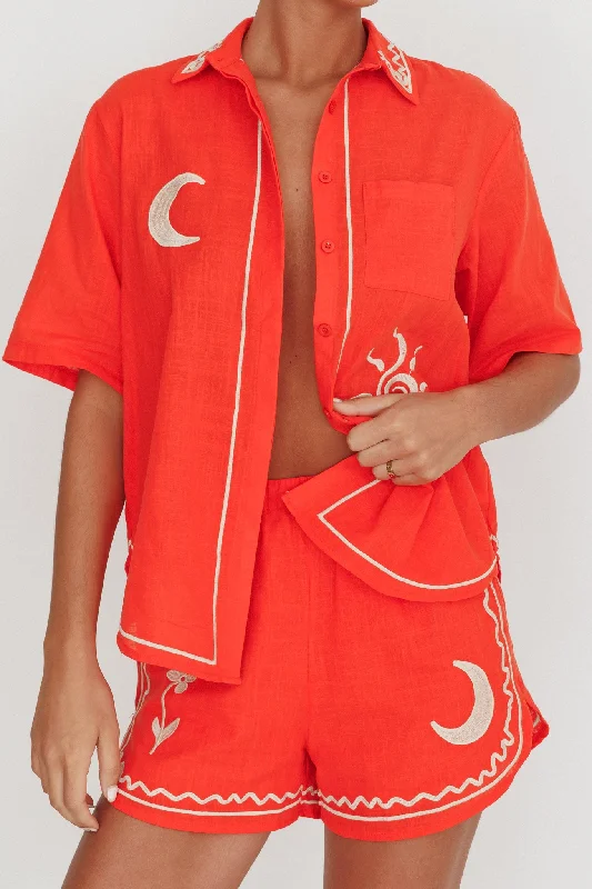 On Vacay Embroidered Button-Up Shirt Orange