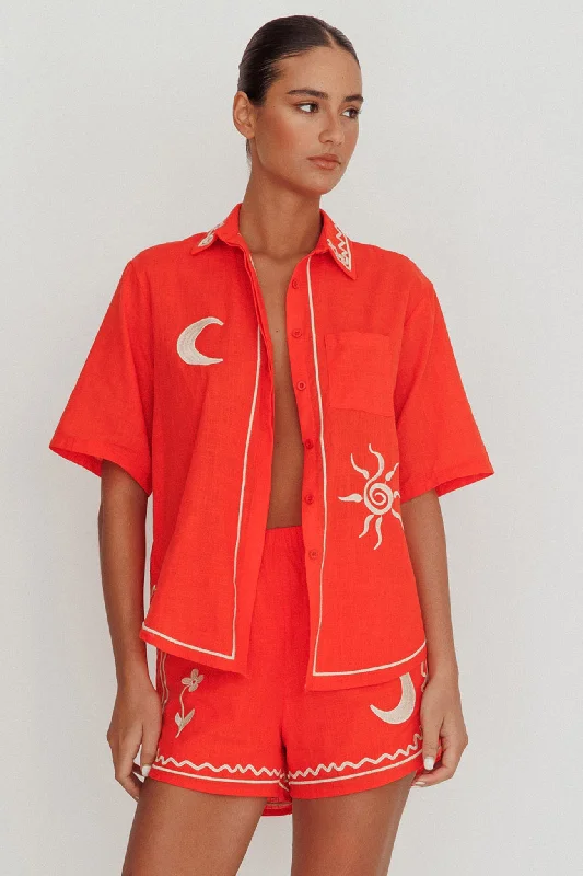 On Vacay Embroidered Button-Up Shirt Orange