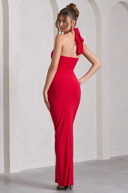 Pamela | Red Halter-Neck Sleeveless Split Maxi Dress