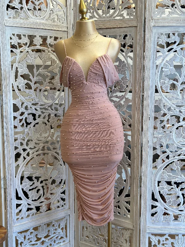 Pearl Detail Mauve Off Shoulder Dress- Stretchy