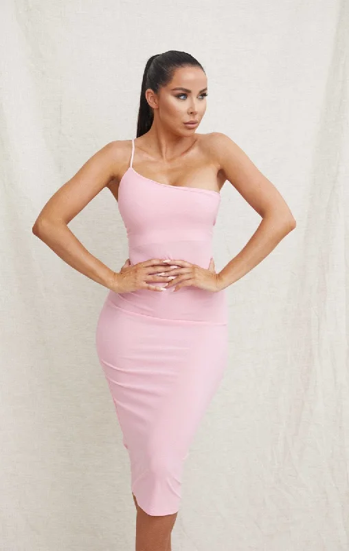 Pink One Shoulder Strappy Bodycon Midi Dress - Fern