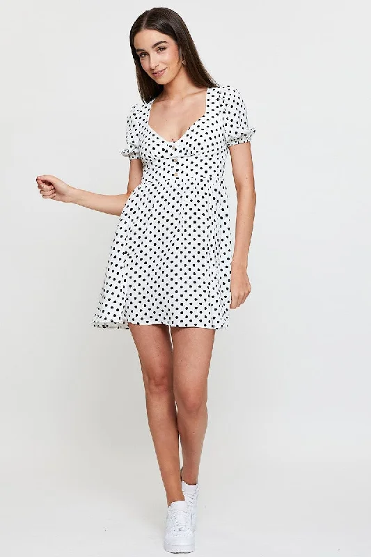 Polka Dot Mini Dress Short Sleeve Sweetheart Neckline