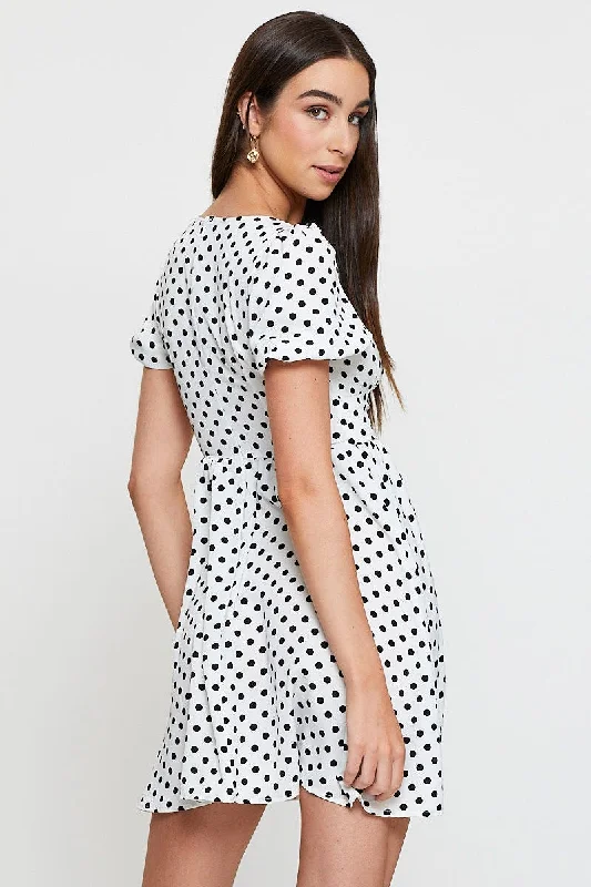 Polka Dot Mini Dress Short Sleeve Sweetheart Neckline