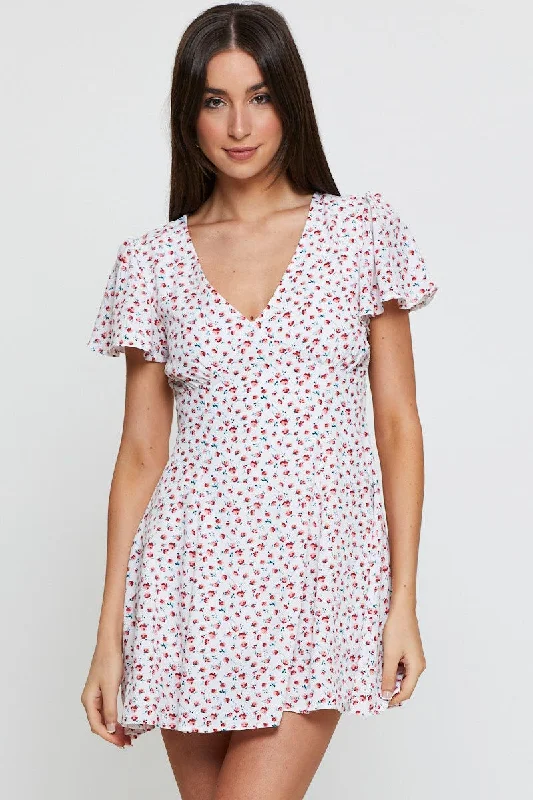 Print Fit And Flare Dress Short Sleeve V Neck