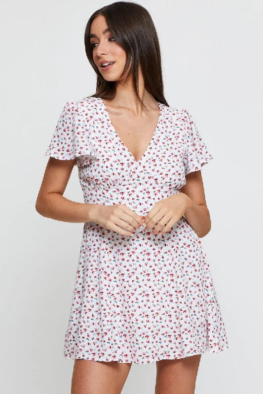 Print Fit And Flare Dress Short Sleeve V Neck