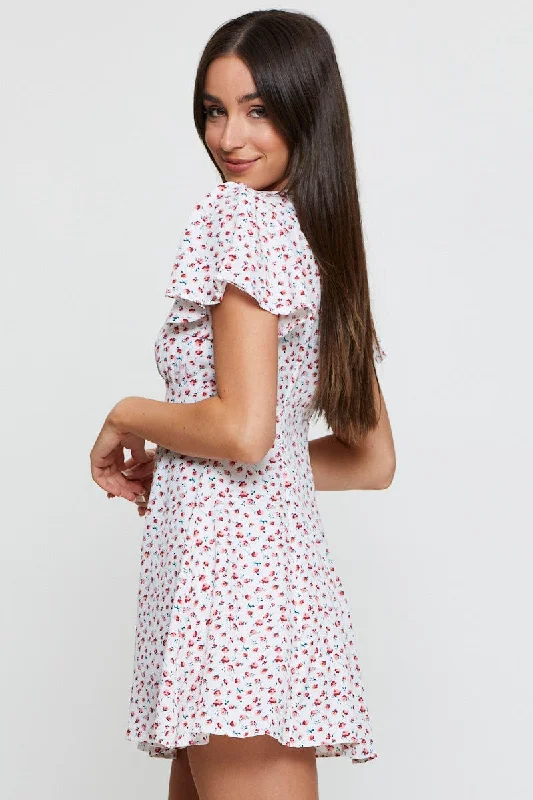 Print Fit And Flare Dress Short Sleeve V Neck