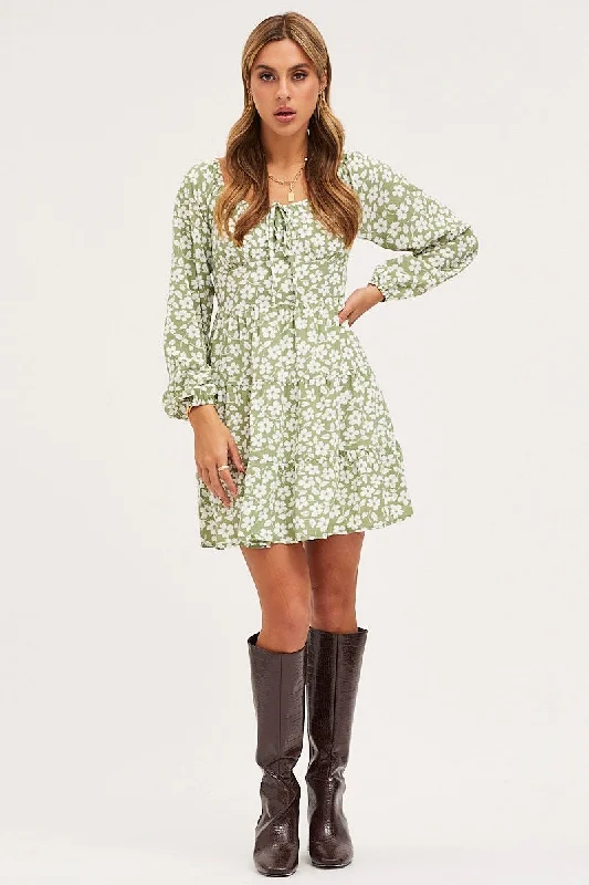 Print Mini Dress Long Sleeve Square Neck