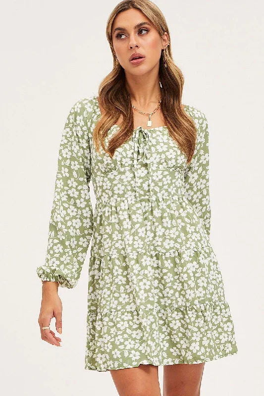 Print Mini Dress Long Sleeve Square Neck