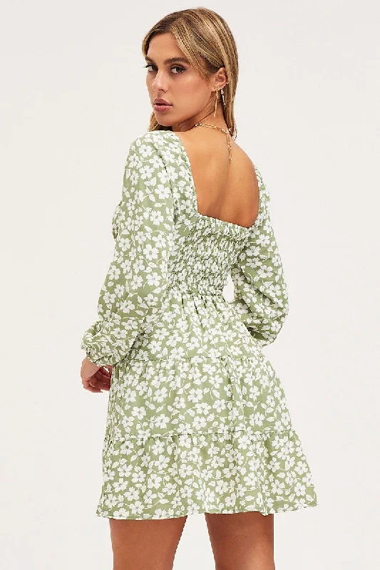 Print Mini Dress Long Sleeve Square Neck