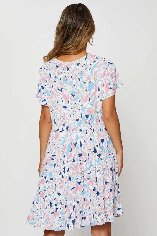 Print Mini Dress Short Sleeve Square Neck