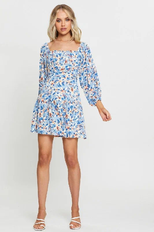 Print Mini Dress Square Neck