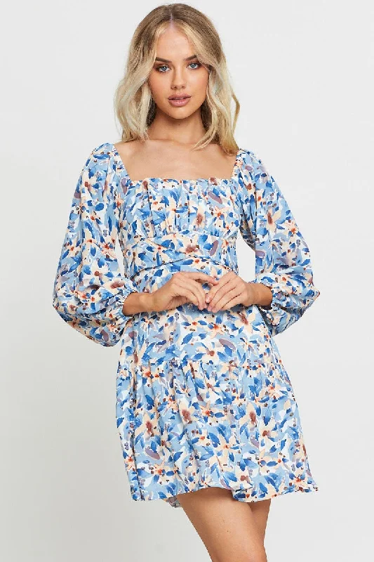 Print Mini Dress Square Neck