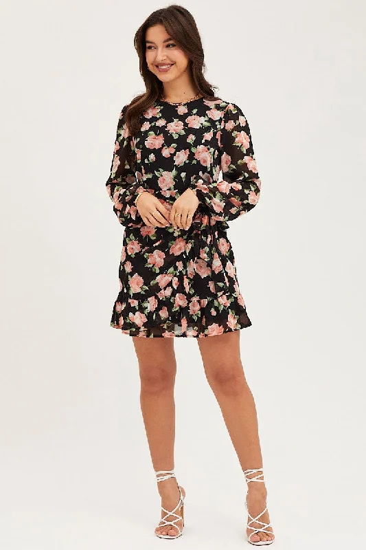 Print Wrap Dress Long Sleeve Mini Ruffle