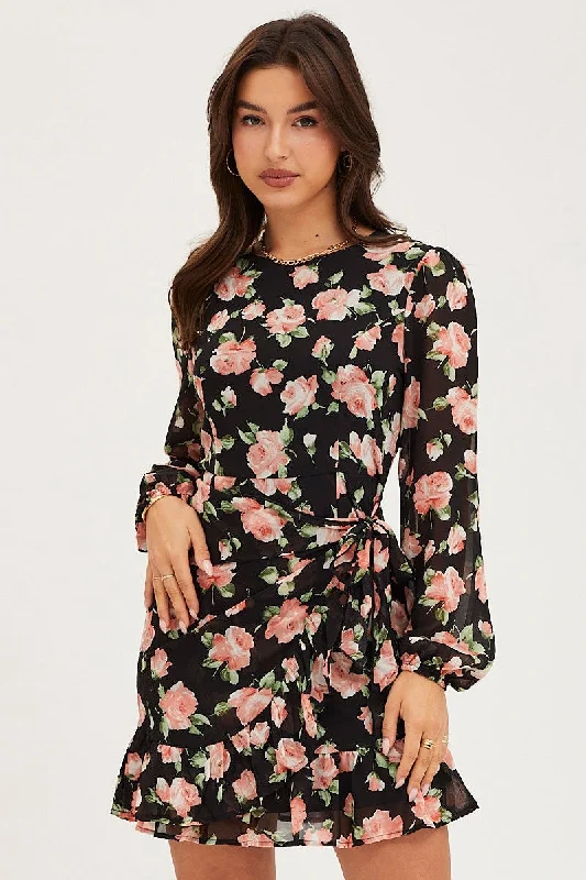 Print Wrap Dress Long Sleeve Mini Ruffle