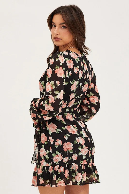 Print Wrap Dress Long Sleeve Mini Ruffle