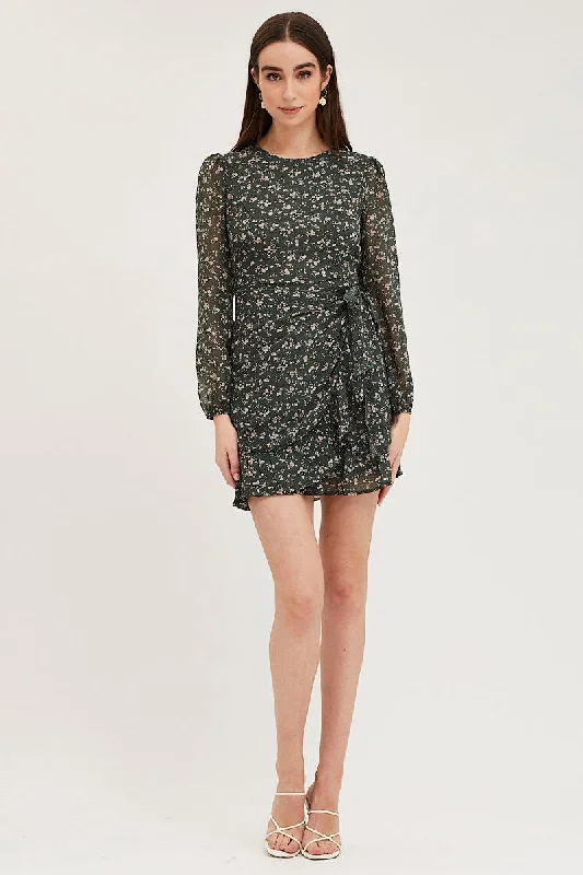 Print Wrap Dress Long Sleeve Mini Ruffle