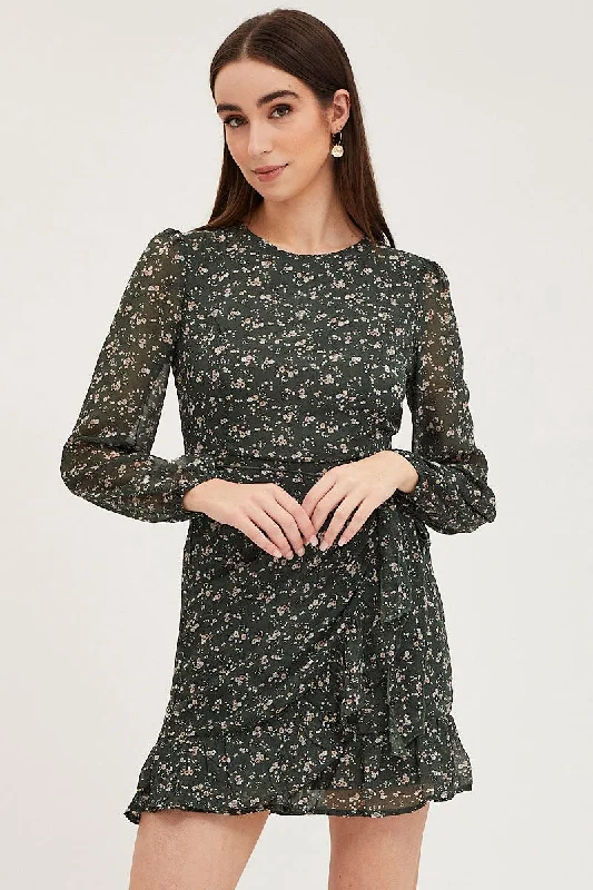 Print Wrap Dress Long Sleeve Mini Ruffle