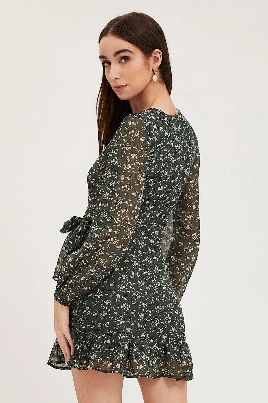 Print Wrap Dress Long Sleeve Mini Ruffle