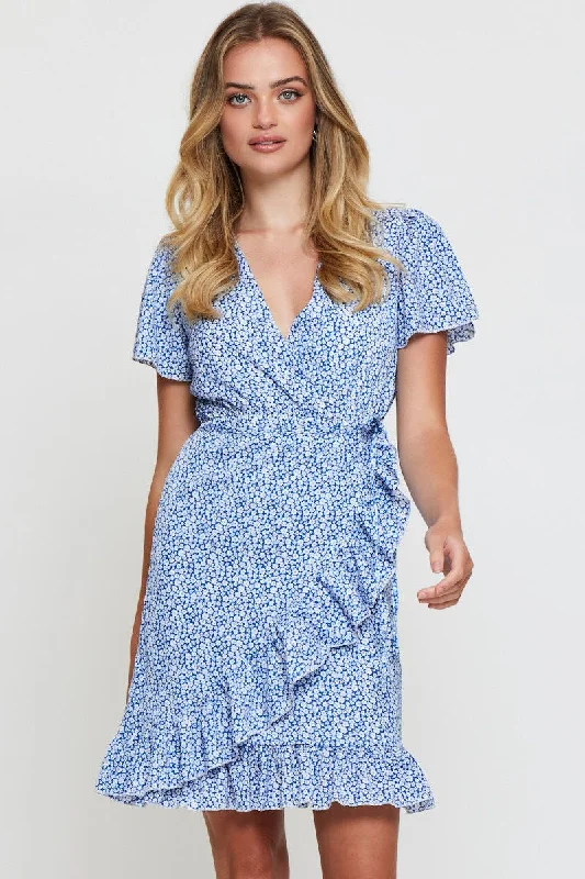 Print Wrap Dress Short Sleeve V Neck