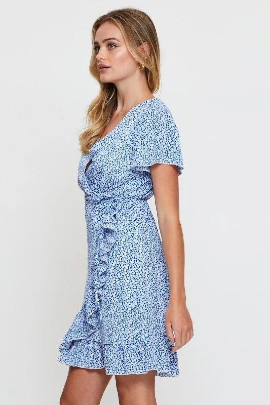 Print Wrap Dress Short Sleeve V Neck