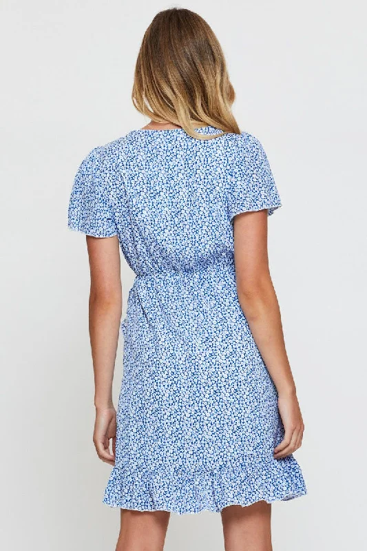 Print Wrap Dress Short Sleeve V Neck