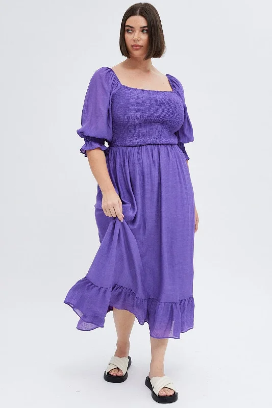 Purple Maxi Dress Half Sleeve Shirred