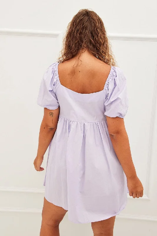 Purple Mini Dress Sweetheart Neck Puff Sleeve Party