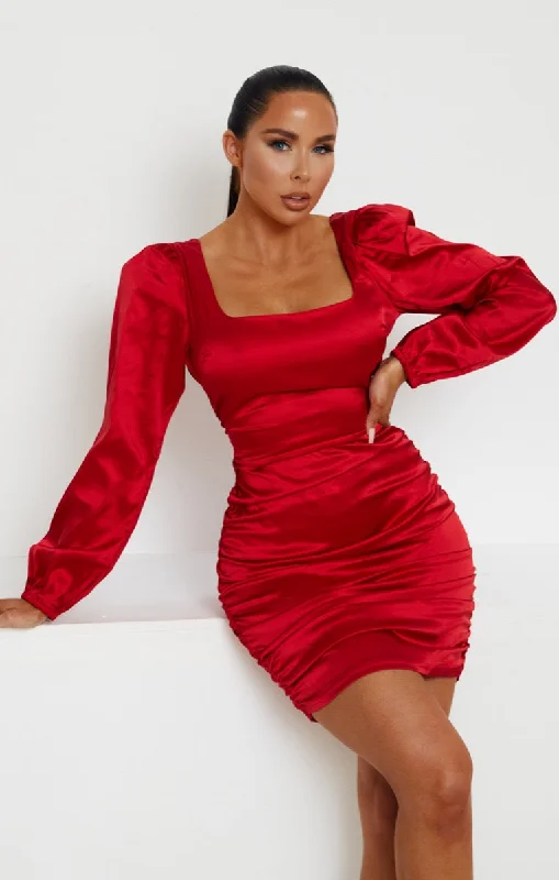 Red Satin Square Neck Long Puff Sleeve Ruched Bodycon Mini Dress - Ieasha