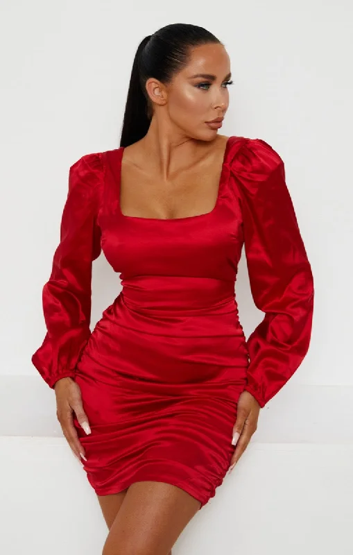 Red Satin Square Neck Long Puff Sleeve Ruched Bodycon Mini Dress - Ieasha