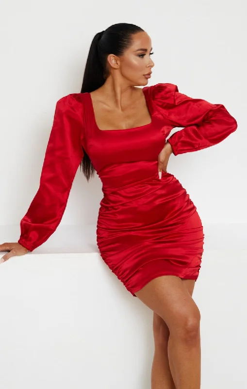 Red Satin Square Neck Long Puff Sleeve Ruched Bodycon Mini Dress - Ieasha