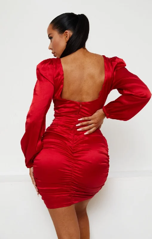 Red Satin Square Neck Long Puff Sleeve Ruched Bodycon Mini Dress - Ieasha