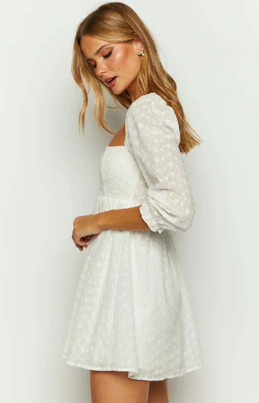 Rubi White Long Sleeve Broderie Mini Dress