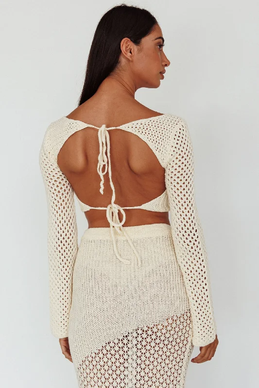 Serenity Sky Long Sleeve Crochet Crop Top Milk