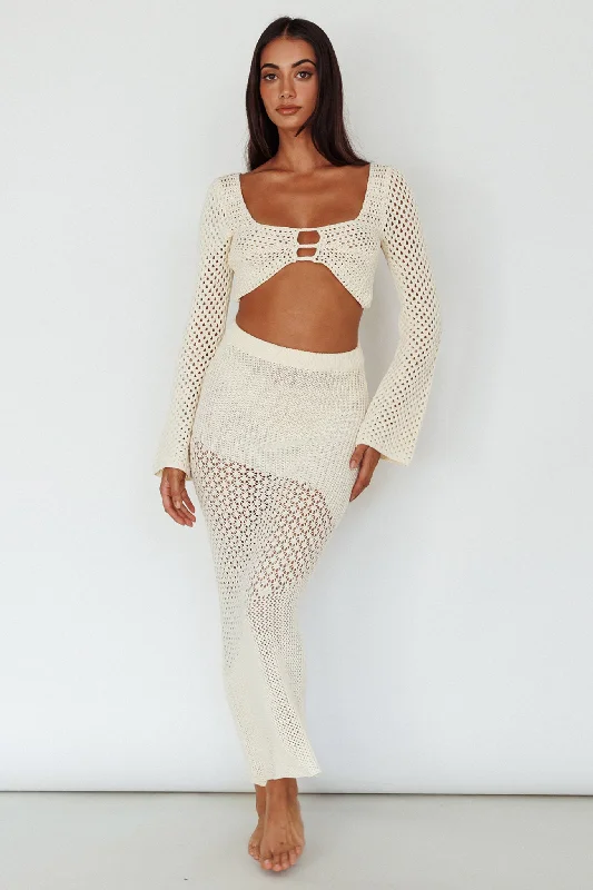 Serenity Sky Long Sleeve Crochet Crop Top Milk