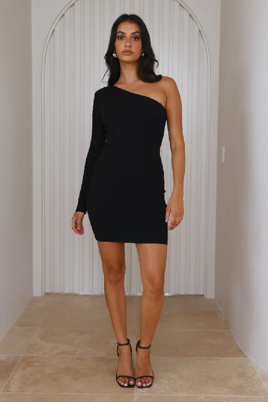 Share Stories One Shoulder Ribbed Mini Dress Black