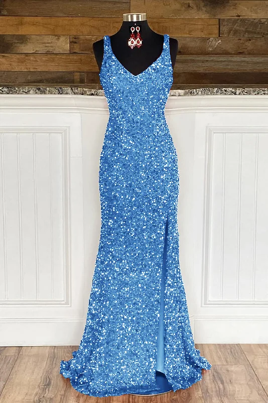 Sheath Spaghetti Straps Sky Blue Sequins Prom Dress with Split Front