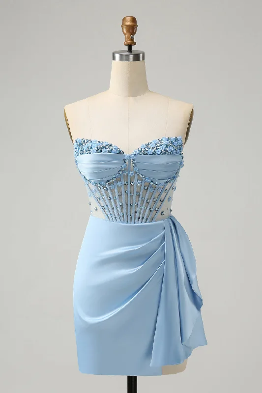 Sparkly Blue Bodycon Sweetheart Corset Homecoming Dress with Beading