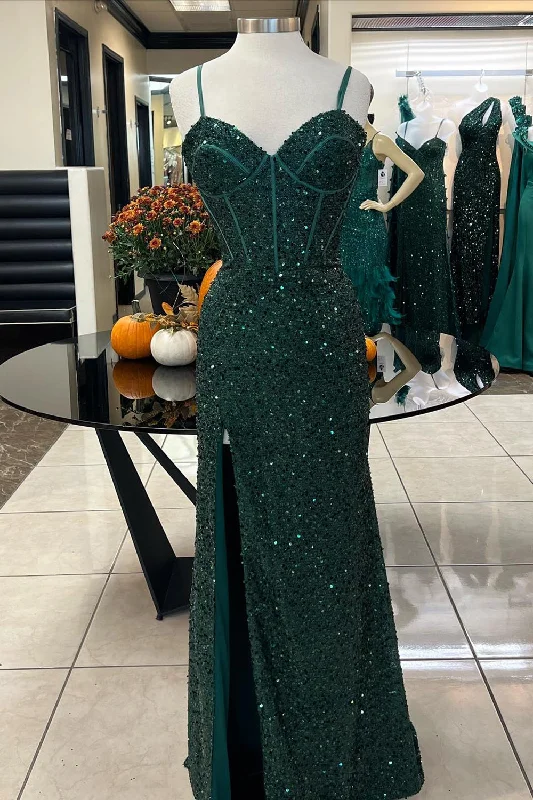 Sparkly Dark Green Corset Mermaid Long Prom Dress with Slit