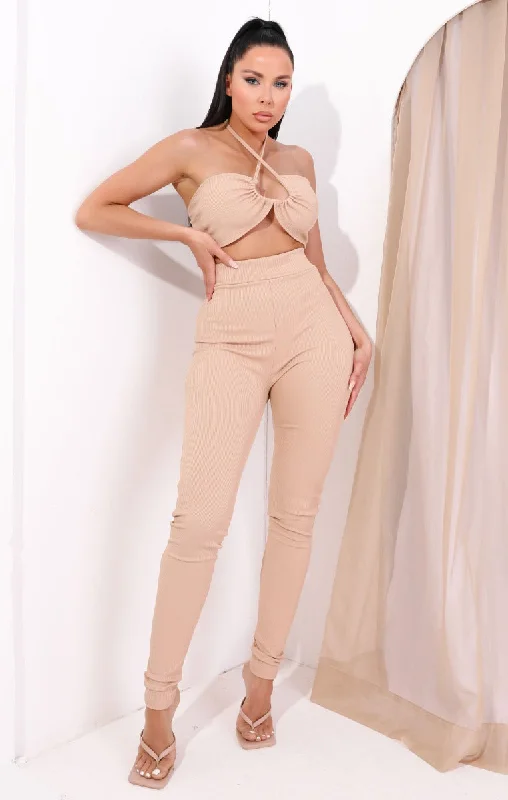 Stone Cross Over Plunge Strappy Halter Neck Crop Top High Waisted Leggings Co-ord - Fia